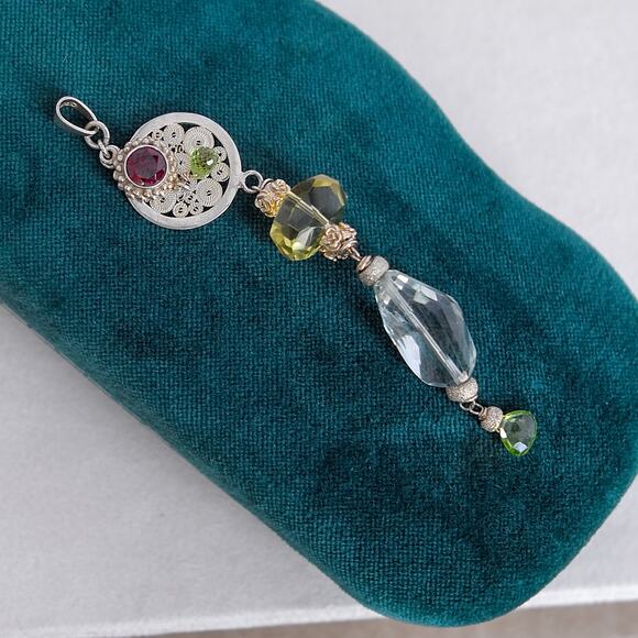 Sterling Silver Multi Gemstone Charm Pendant Garnet Aquamarine Peridot Boho 13g - Picture 1 of 6